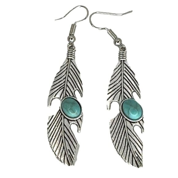 Feather-Shaped Silver Earrings With Turquoise Stone Accents - Picture 3 of 5